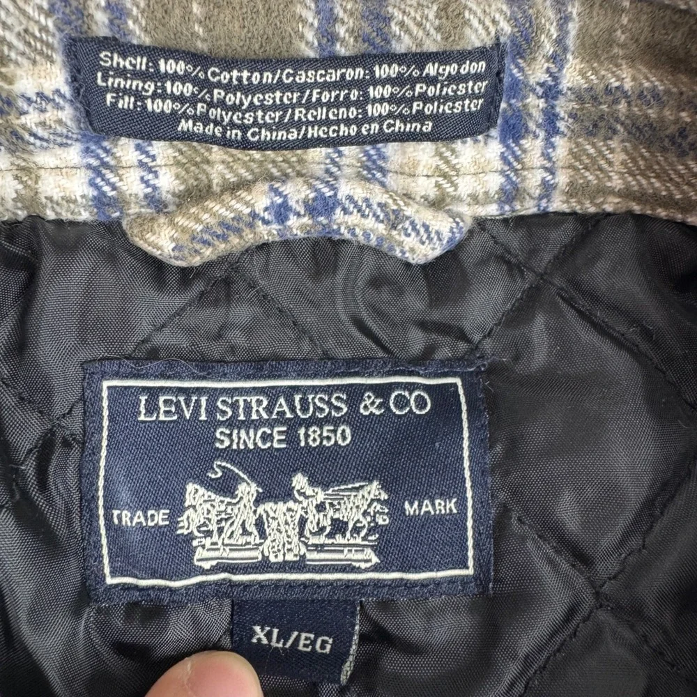 Levi Strauss Mens XL Quilted Lined Flannel Shirt Jacket Shacket Plaid Green Blue